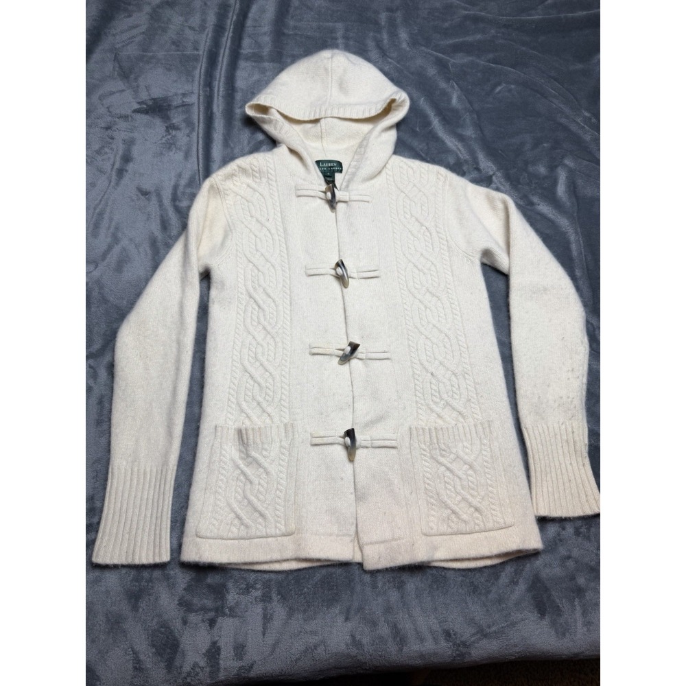 Ralph Lauren Cream Merino Wool Angora Cashmere Cable Knit Toggle Cardigan Small